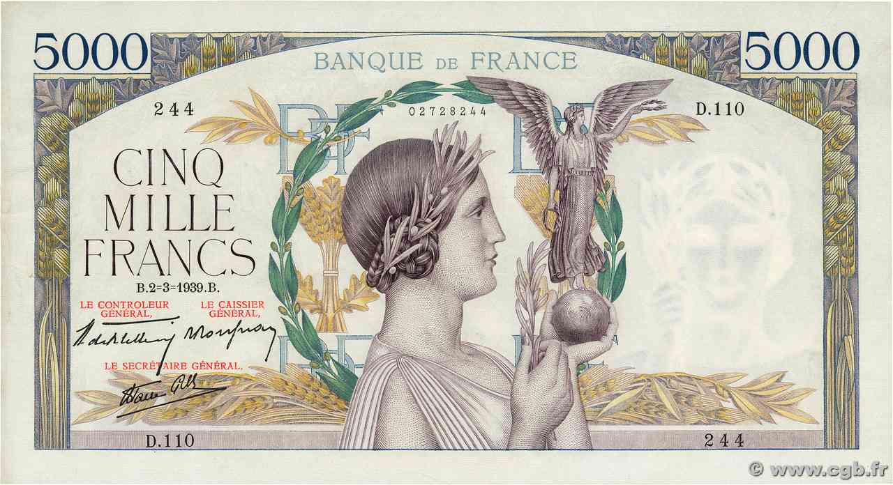 5000 Francs VICTOIRE Impression à plat FRANCIA  1939 F.46.03 q.AU