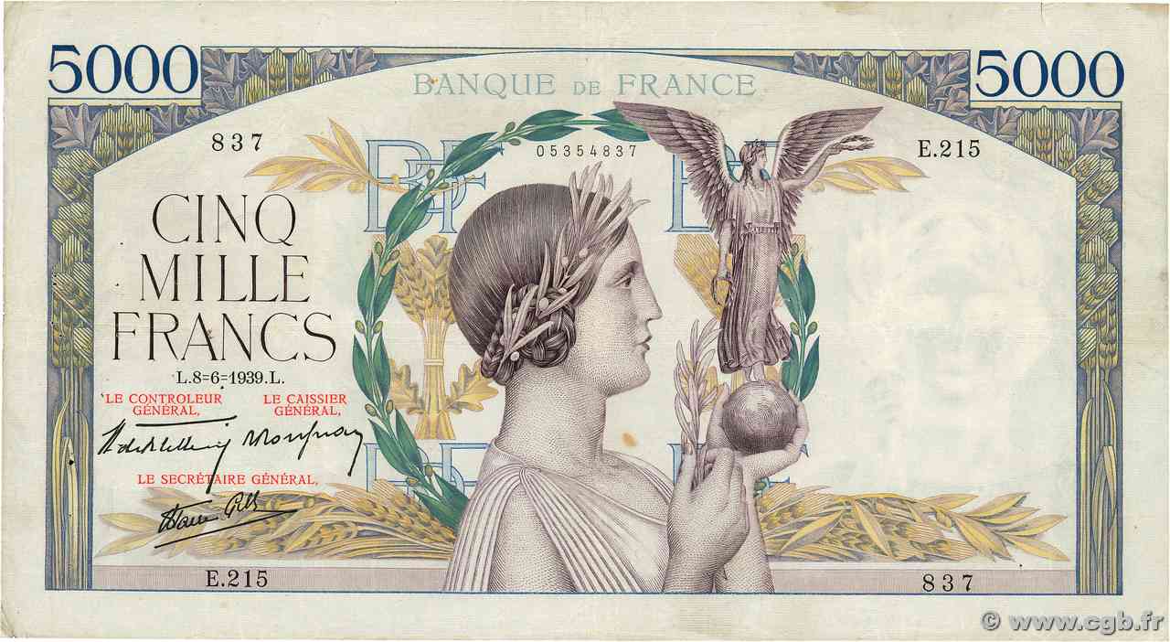 5000 Francs VICTOIRE Impression à plat FRANCIA  1939 F.46.07 q.BB