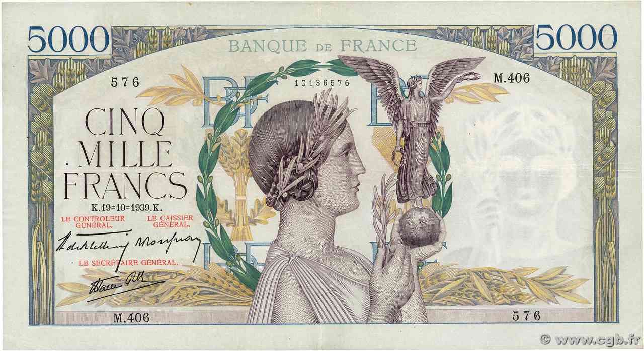 5000 Francs VICTOIRE Impression à plat FRANCIA  1939 F.46.15 q.SPL