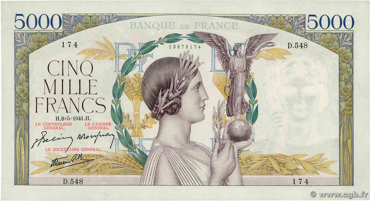 5000 Francs VICTOIRE Impression à plat FRANCIA  1941 F.46.21 SPL+