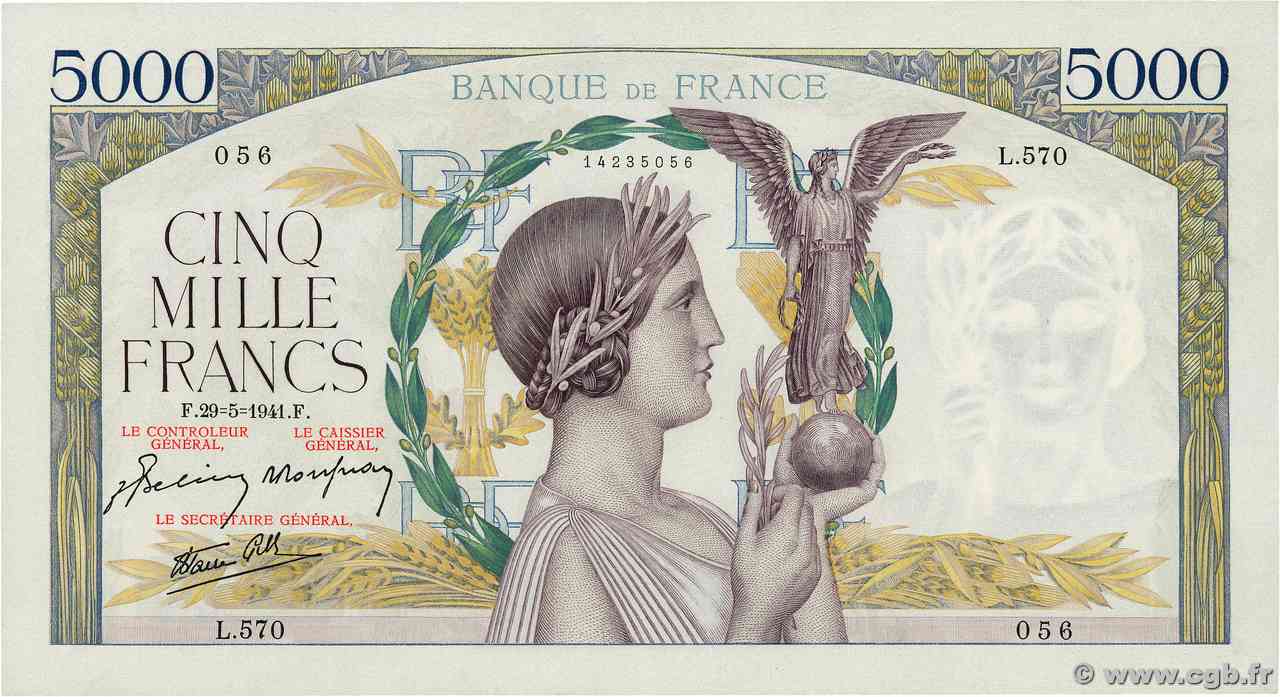 5000 Francs VICTOIRE Impression à plat FRANCIA  1941 F.46.22 SPL+