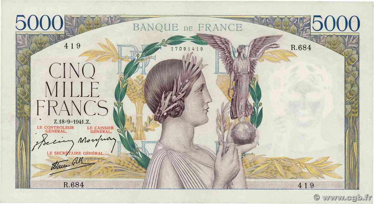 5000 Francs VICTOIRE Impression à plat FRANCIA  1941 F.46.26 q.SPL