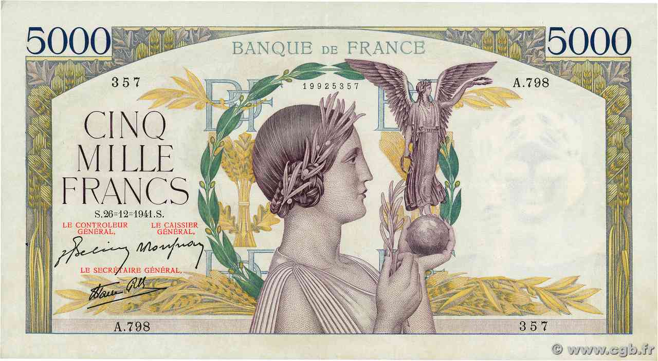 5000 Francs VICTOIRE Impression à plat FRANCIA  1941 F.46.31 q.SPL