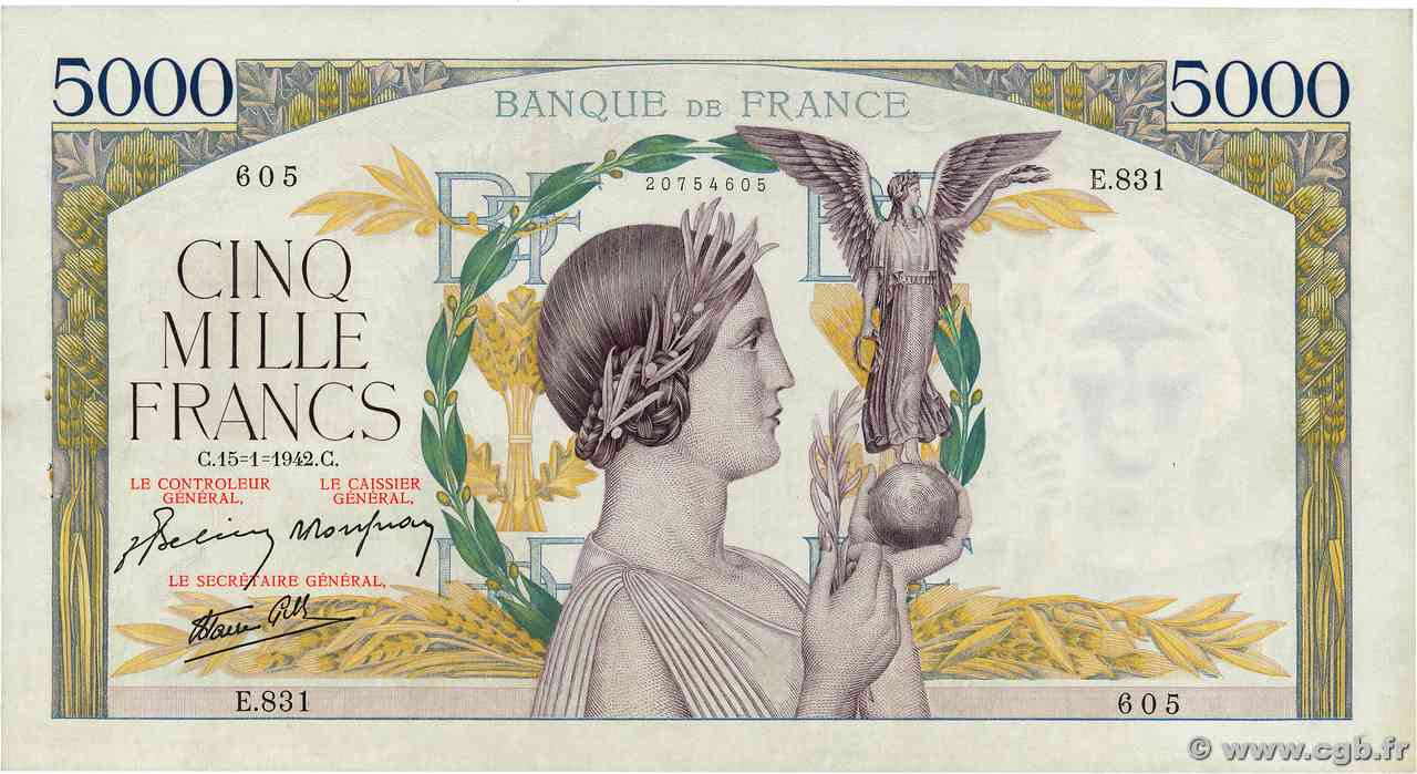 5000 Francs VICTOIRE Impression à plat FRANCE  1942 F.46.32 pr.SPL