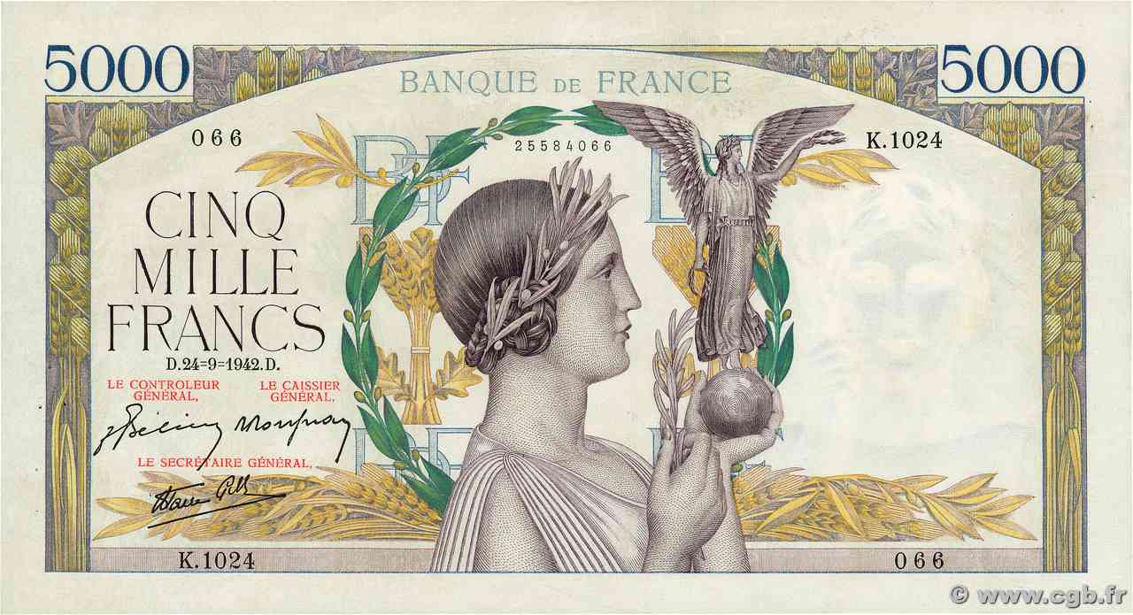5000 Francs VICTOIRE Impression à plat FRANCIA  1942 F.46.41 SPL+