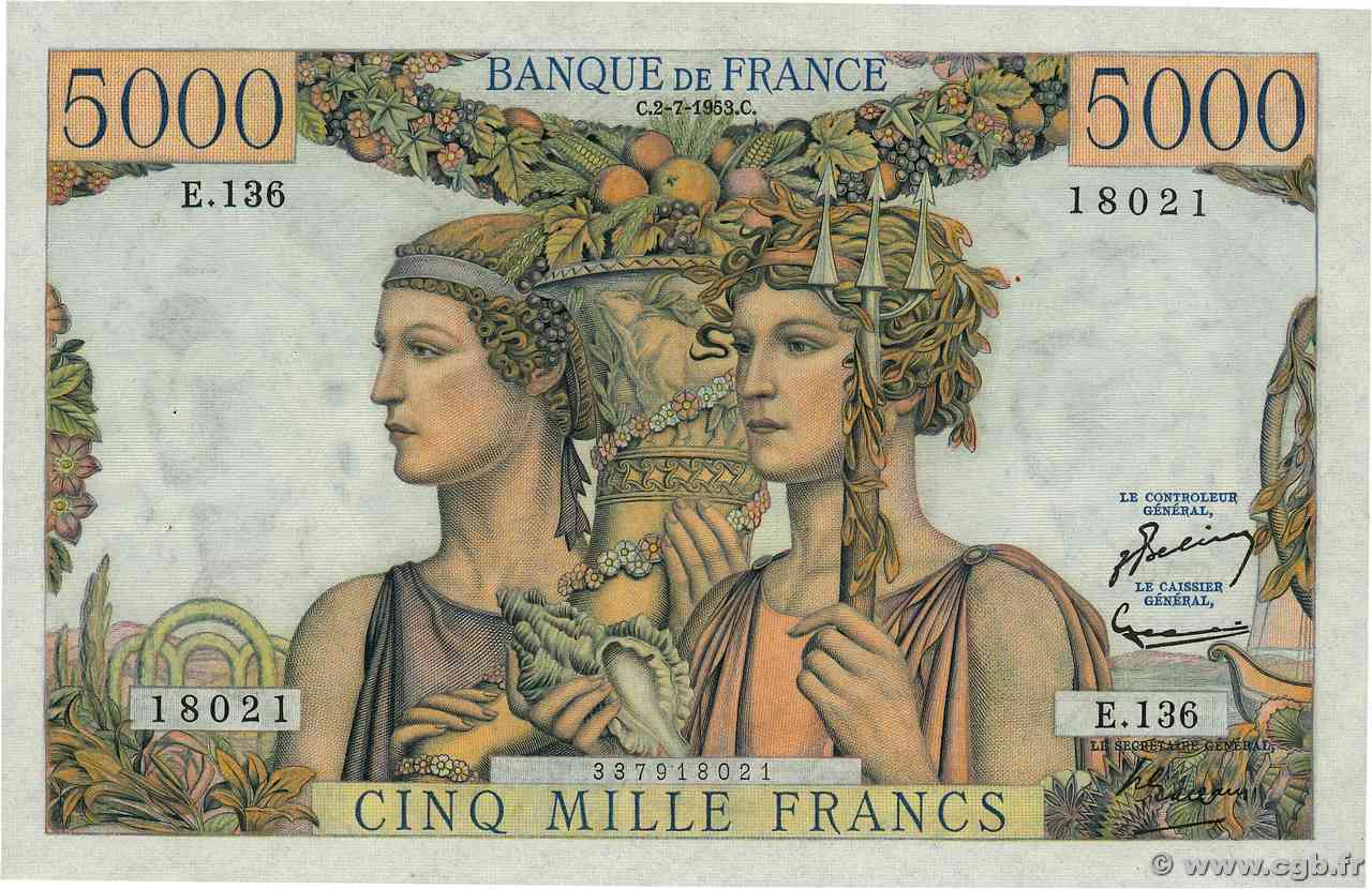 5000 Francs TERRE ET MER FRANCIA  1953 F.48.09 AU