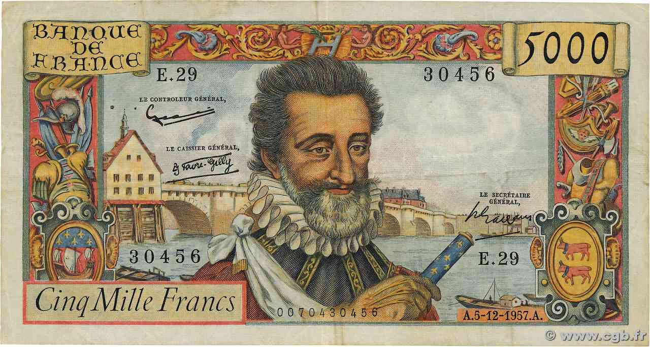 5000 Francs HENRI IV FRANCE  1957 F.49.04 VF-