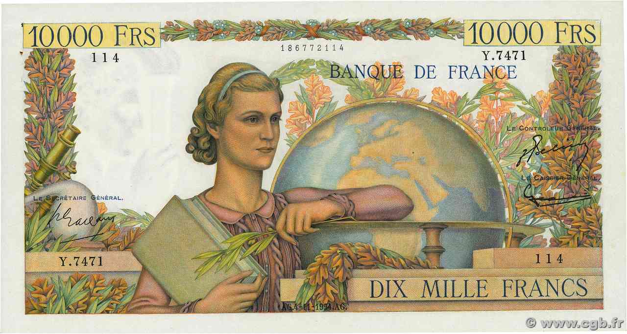 10000 Francs GÉNIE FRANÇAIS FRANCIA  1954 F.50.72 AU