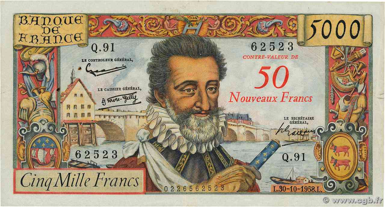 50 NF sur 5000 Francs HENRI IV FRANCIA  1958 F.54.01 q.SPL