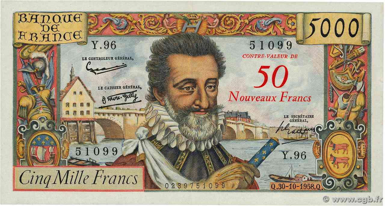50 NF sur 5000 Francs HENRI IV FRANCIA  1958 F.54.01 BB