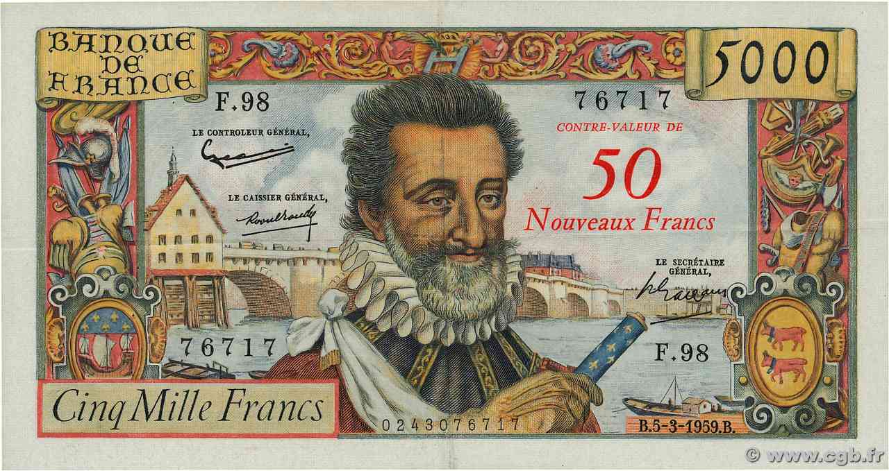 50 NF sur 5000 Francs HENRI IV FRANCIA  1959 F.54.02 q.SPL