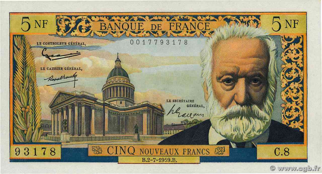 5 Nouveaux Francs VICTOR HUGO FRANCE  1959 F.56.02 AU
