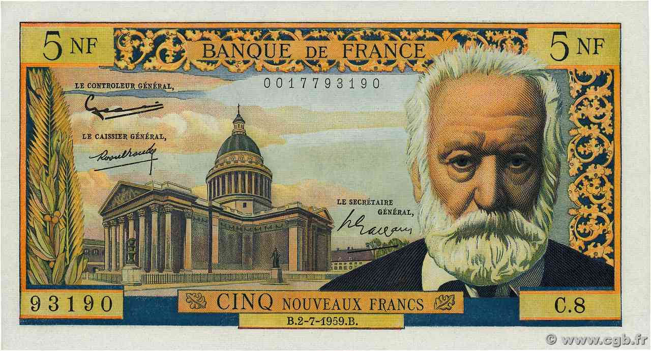 5 Nouveaux Francs VICTOR HUGO FRANCE  1959 F.56.02 AU