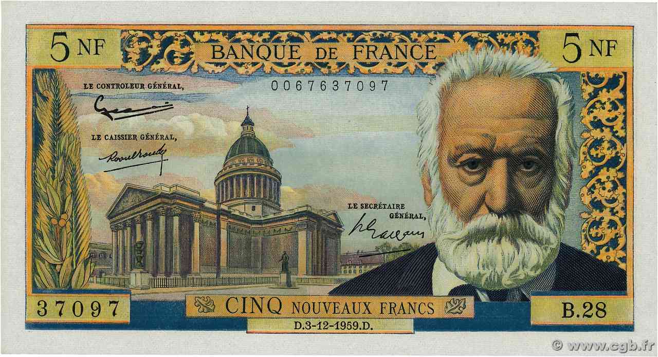 5 Nouveaux Francs VICTOR HUGO FRANCIA  1959 F.56.04 q.FDC