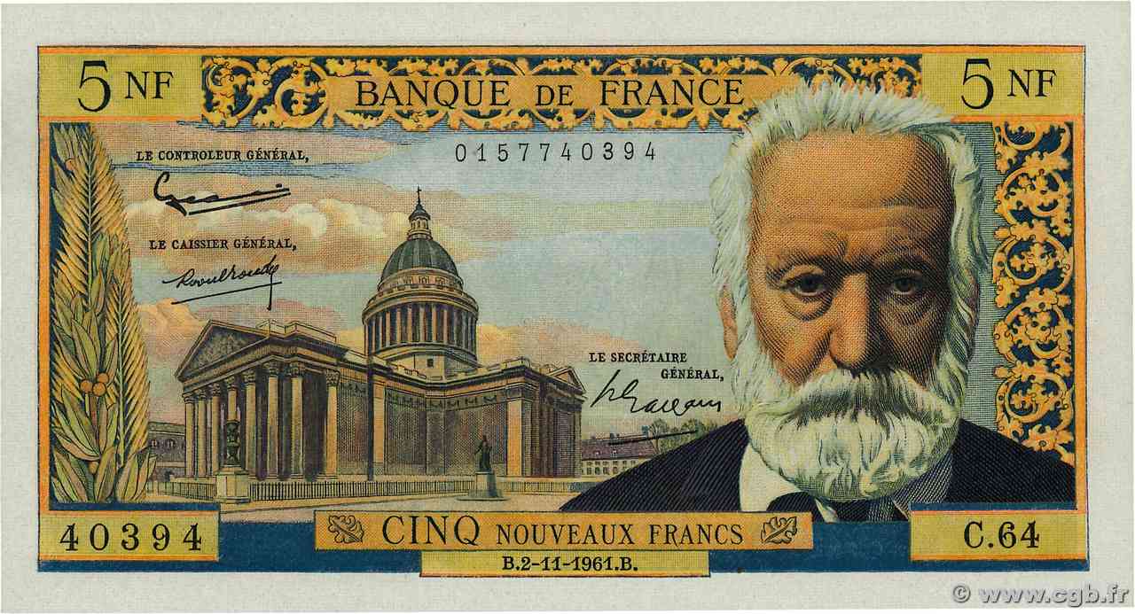 5 Nouveaux Francs VICTOR HUGO FRANCE  1961 F.56.09 AU