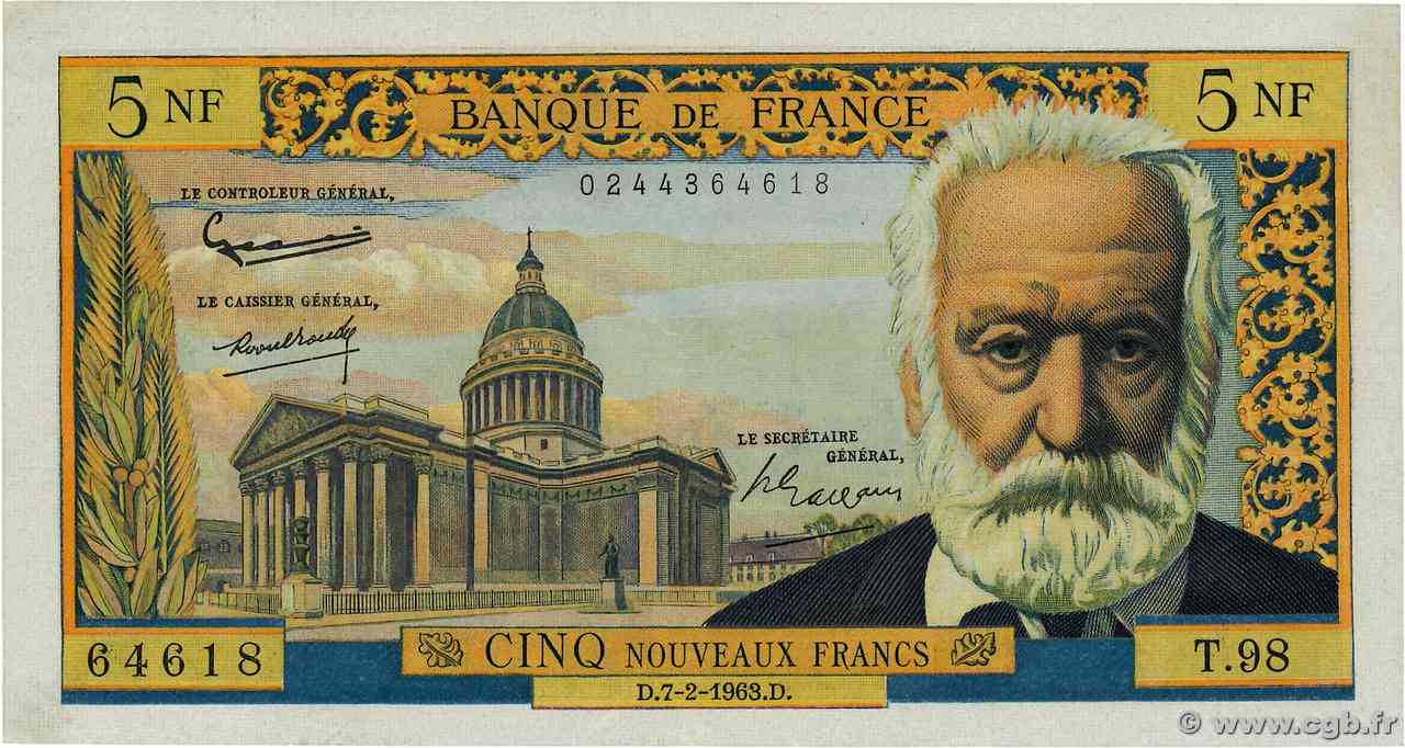 5 Nouveaux Francs VICTOR HUGO FRANCE  1963 F.56.13 XF+