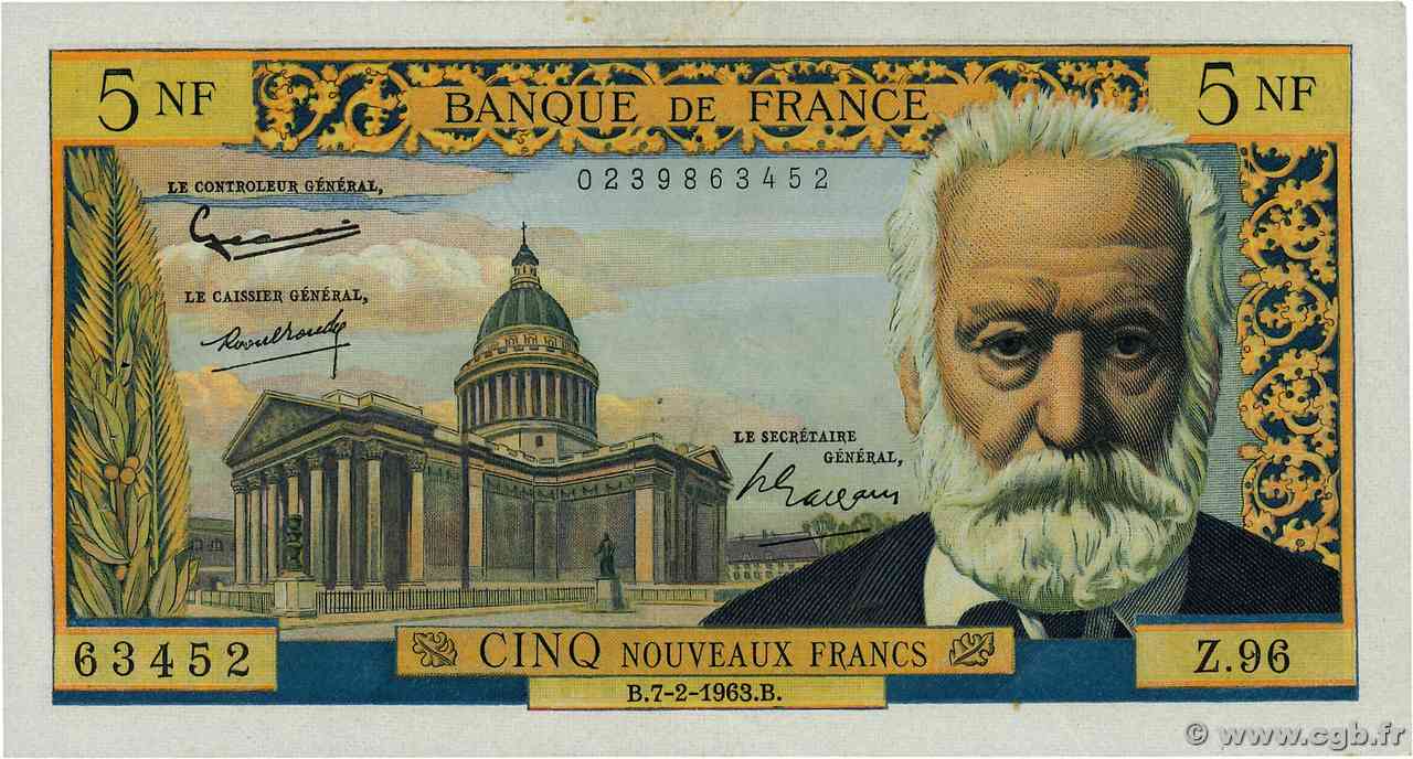 5 Nouveaux Francs VICTOR HUGO FRANCE  1963 F.56.13 XF+