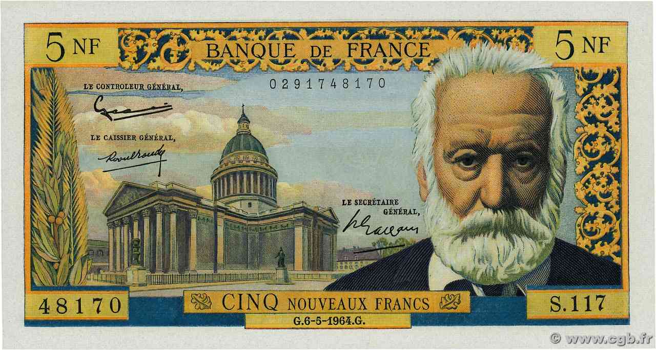 5 Nouveaux Francs VICTOR HUGO FRANCIA  1964 F.56.15 AU