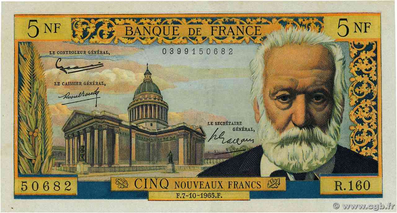5 Nouveaux Francs VICTOR HUGO FRANCIA  1965 F.56.20 q.AU