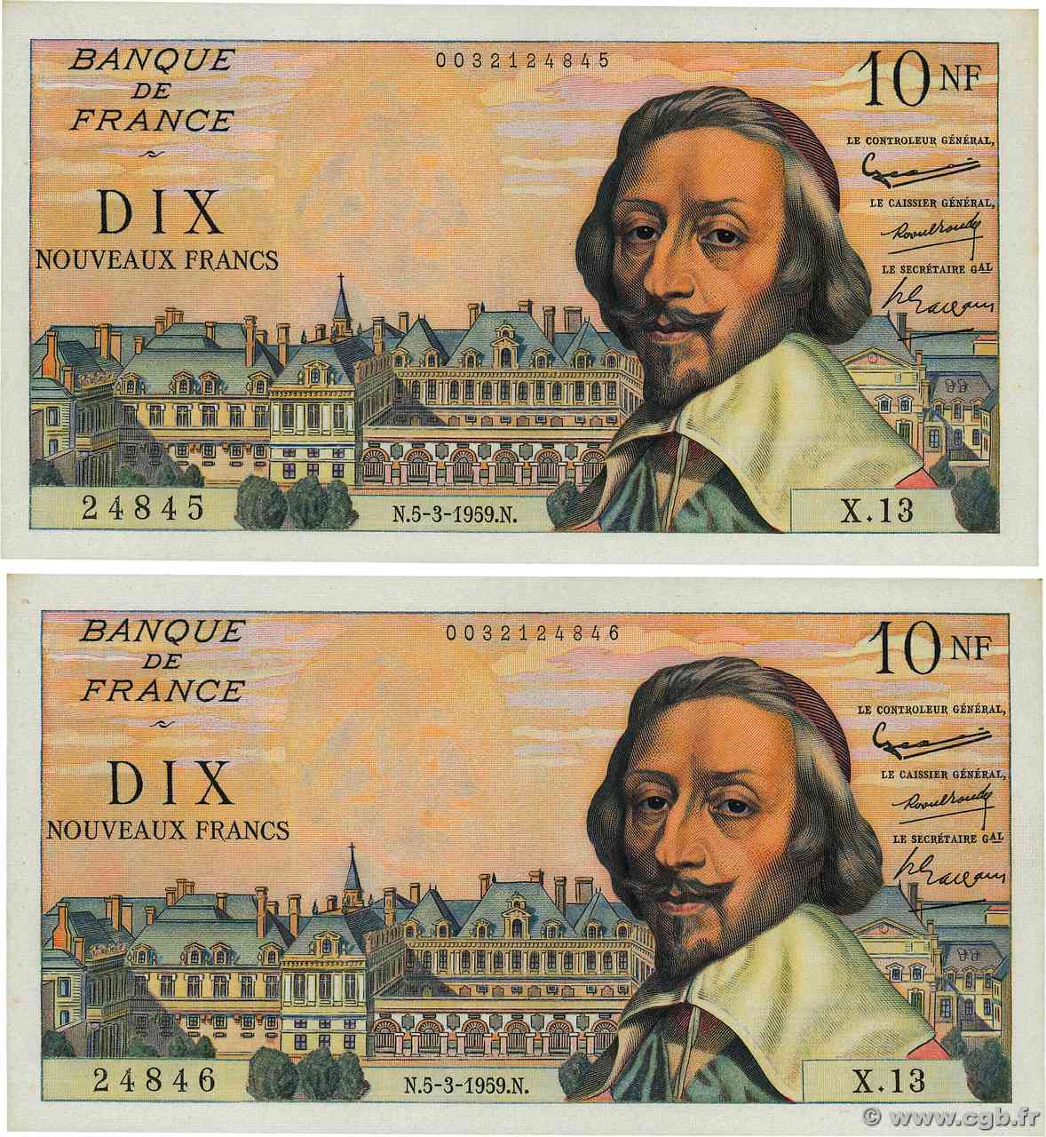 10 Nouveaux Francs RICHELIEU Consécutifs FRANKREICH  1959 F.57.01 fST