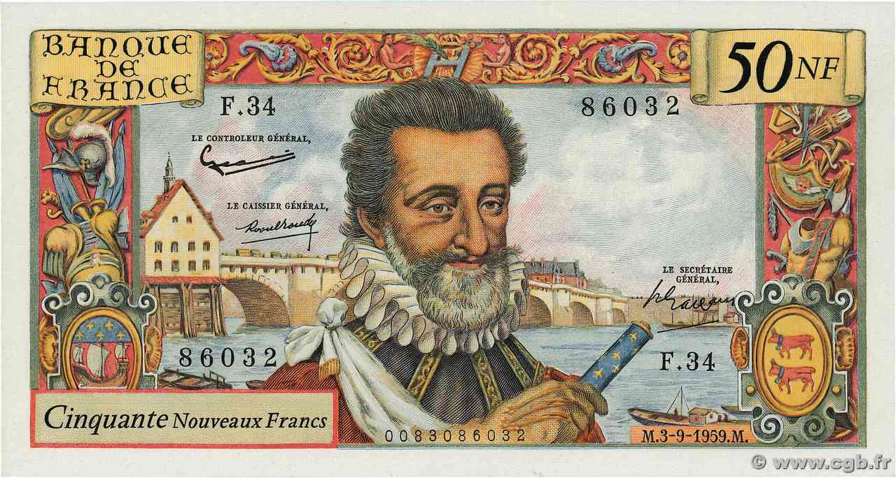 50 Nouveaux Francs HENRI IV FRANCE  1959 F.58.03 pr.NEUF