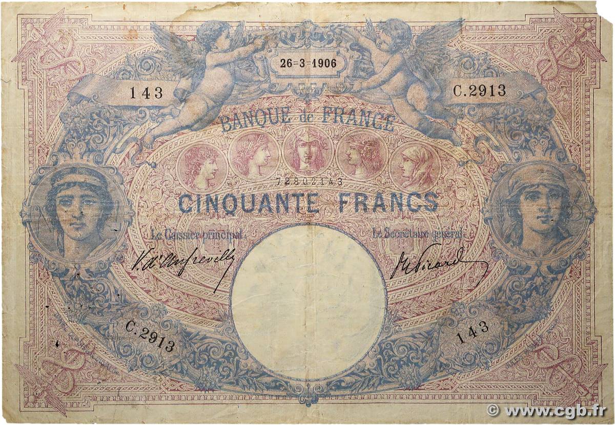 50 Francs BLEU ET ROSE FRANCE  1906 F.14.18 B+