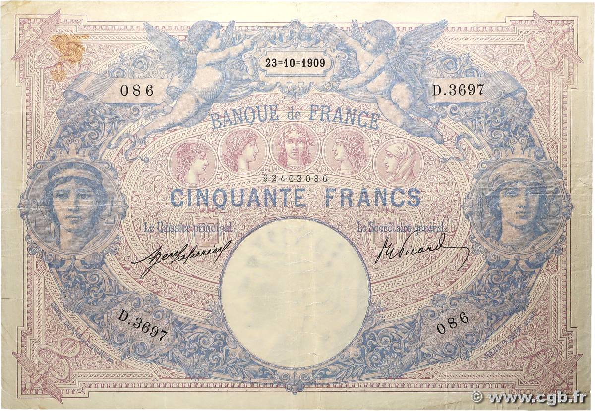 50 Francs BLEU ET ROSE FRANCE  1909 F.14.22 TB