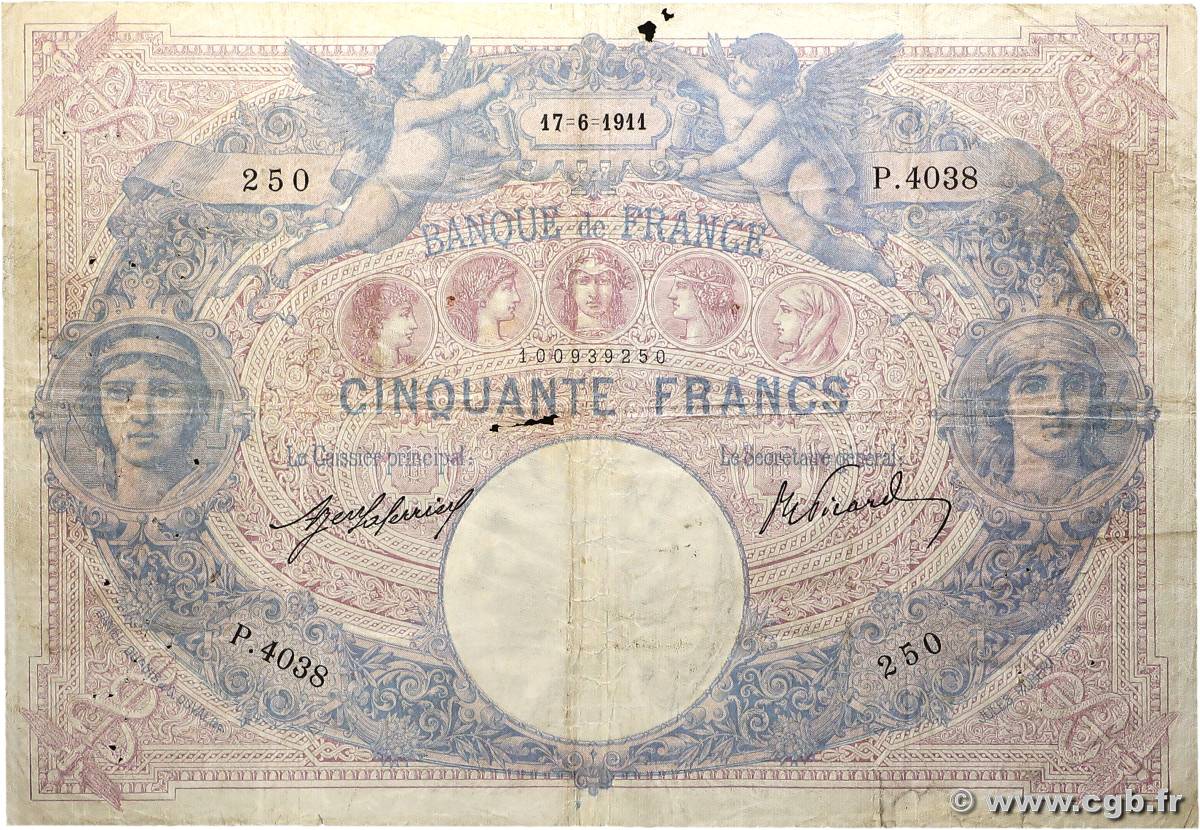 50 Francs BLEU ET ROSE FRANCE  1911 F.14.24 pr.TB
