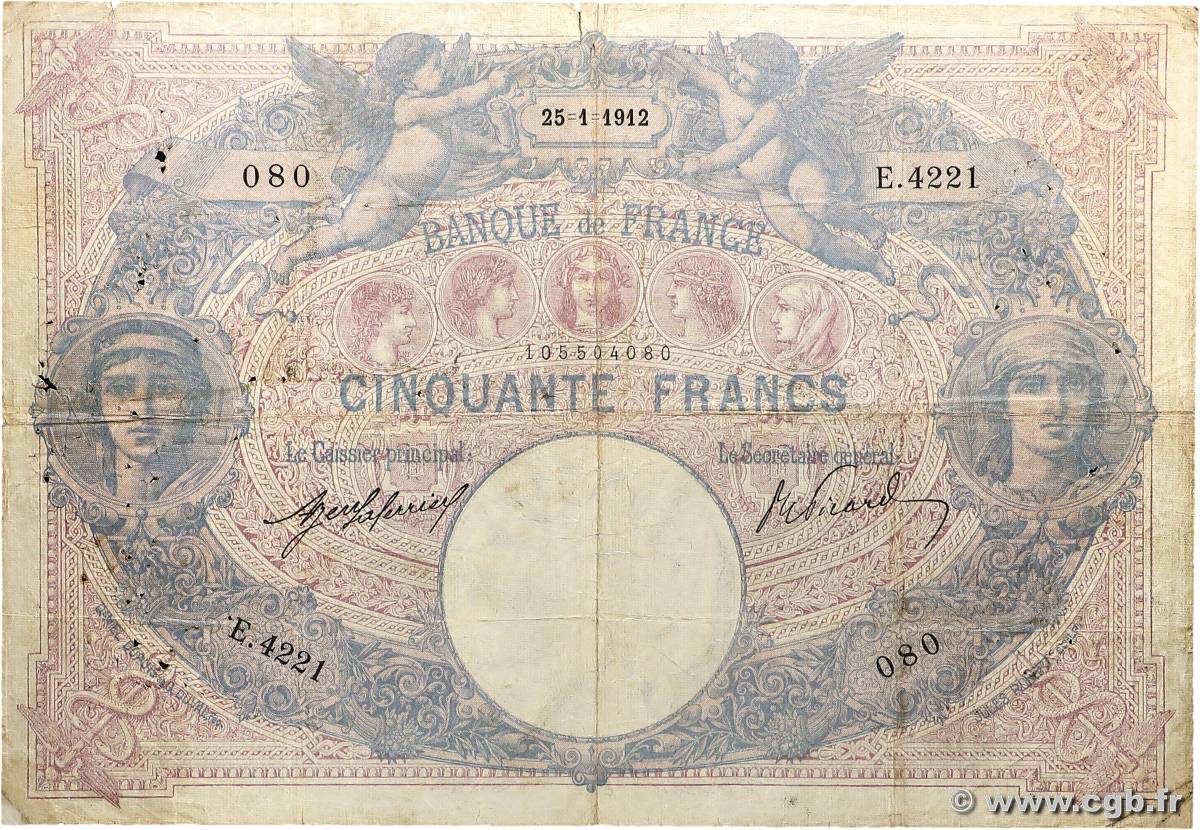 50 Francs BLEU ET ROSE FRANCE  1912 F.14.25 B+