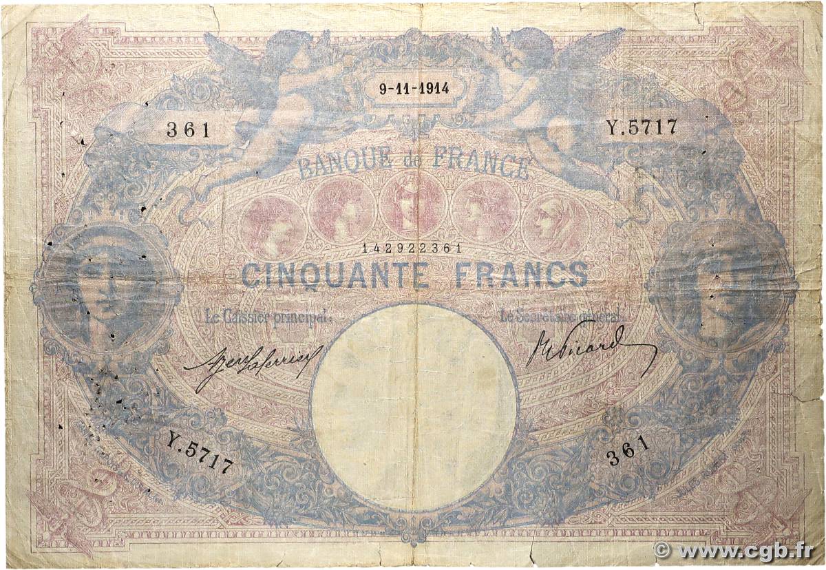 50 Francs BLEU ET ROSE FRANCE  1914 F.14.27 B+