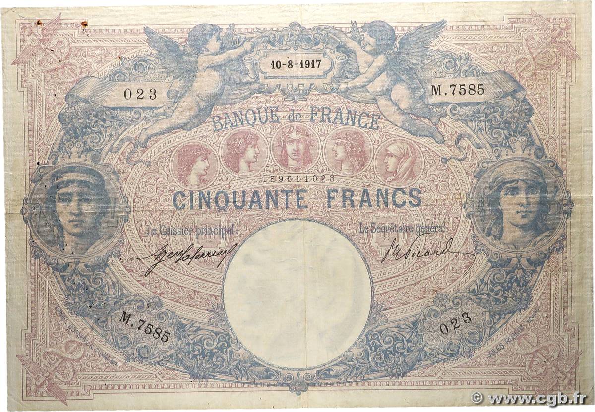 50 Francs BLEU ET ROSE FRANCE  1917 F.14.30 TB+