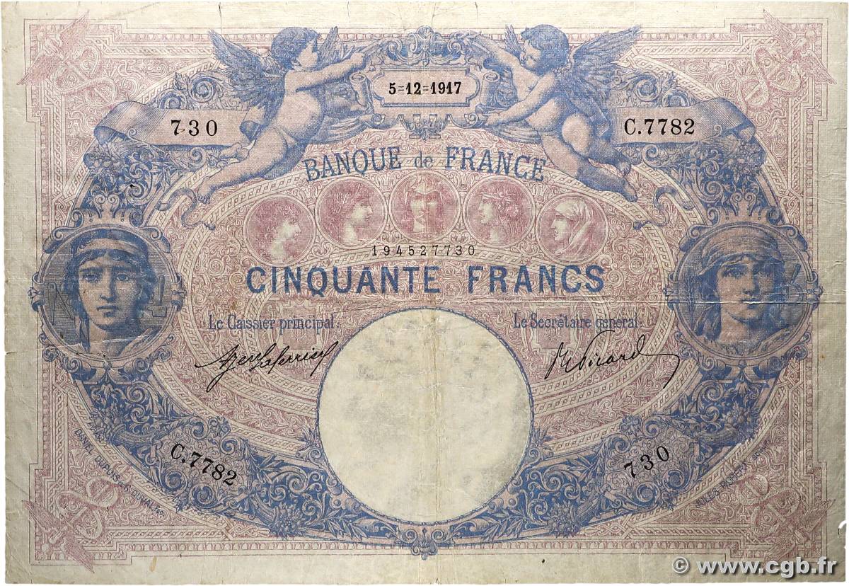 50 Francs BLEU ET ROSE FRANCE  1917 F.14.30 F