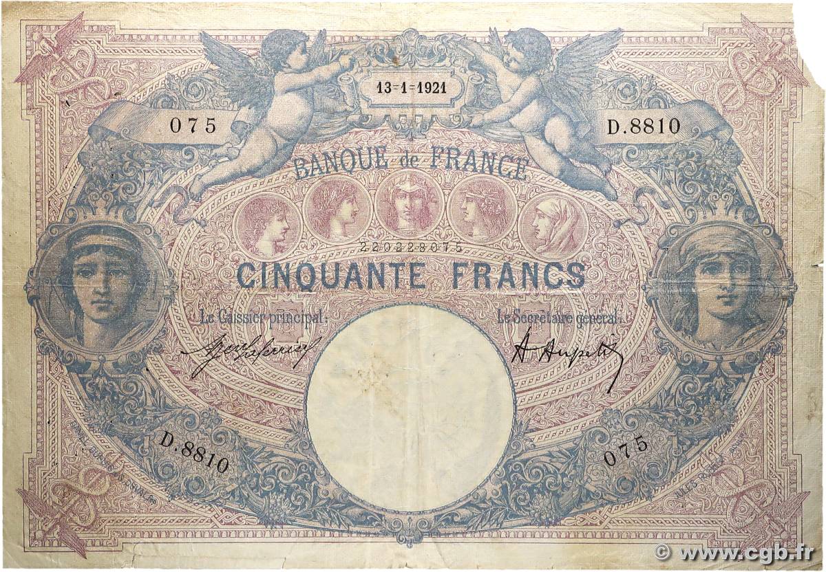 50 Francs BLEU ET ROSE FRANCE  1921 F.14.34 pr.TB