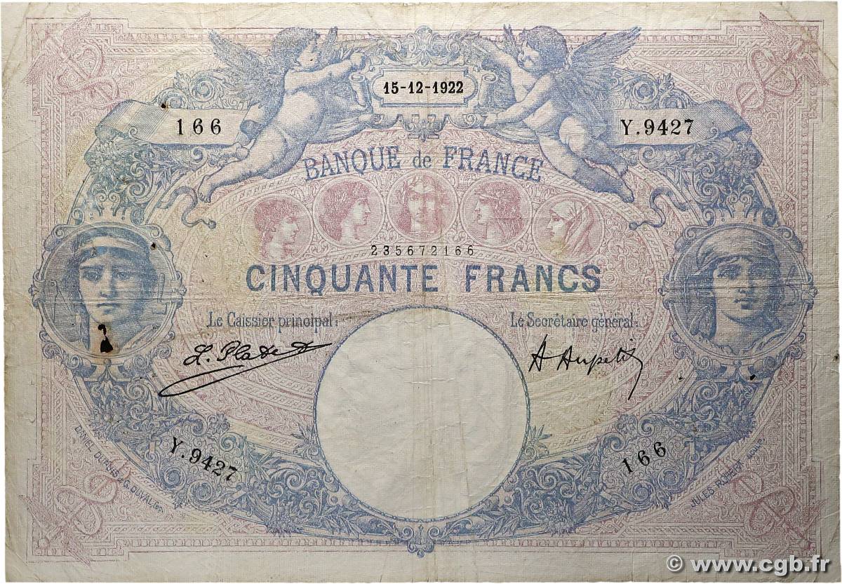 50 Francs BLEU ET ROSE FRANCE  1922 F.14.35 B+