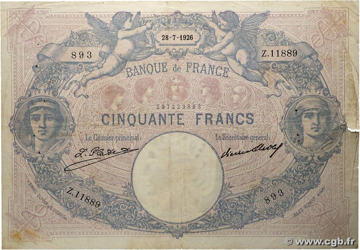50 Francs BLEU ET ROSE FRANCE  1926 F.14.39 TB