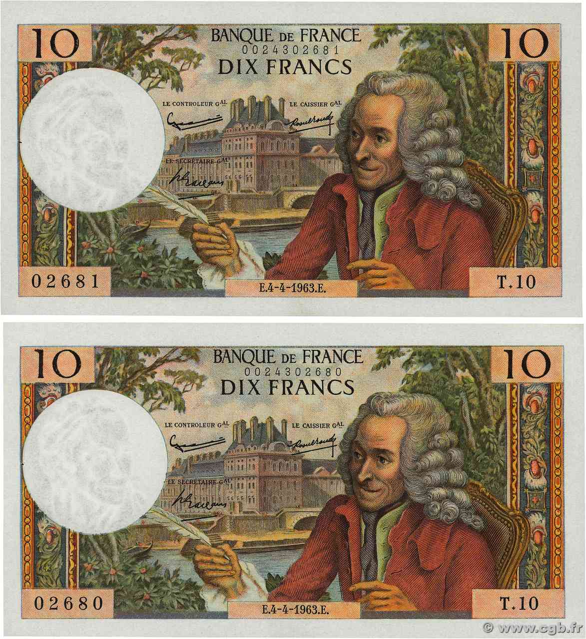 10 Francs VOLTAIRE Consécutifs FRANCE  1963 F.62.02 AU