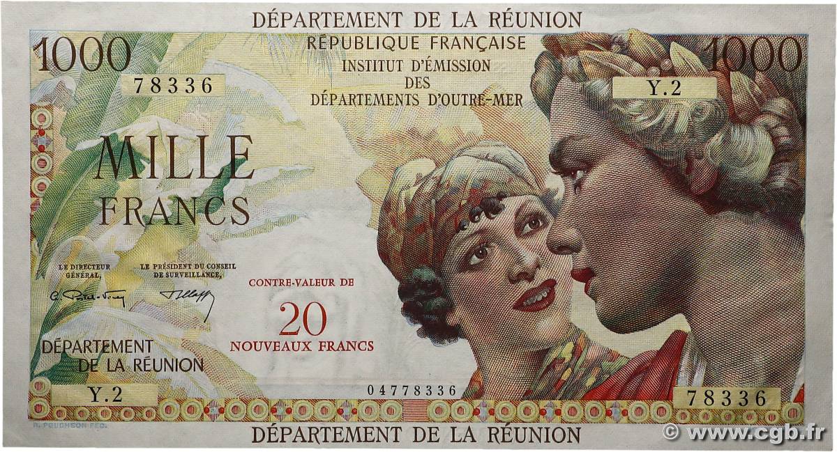20 NF sur 1000 Francs Union Française ISOLA RIUNIONE  1971 P.55b SPL