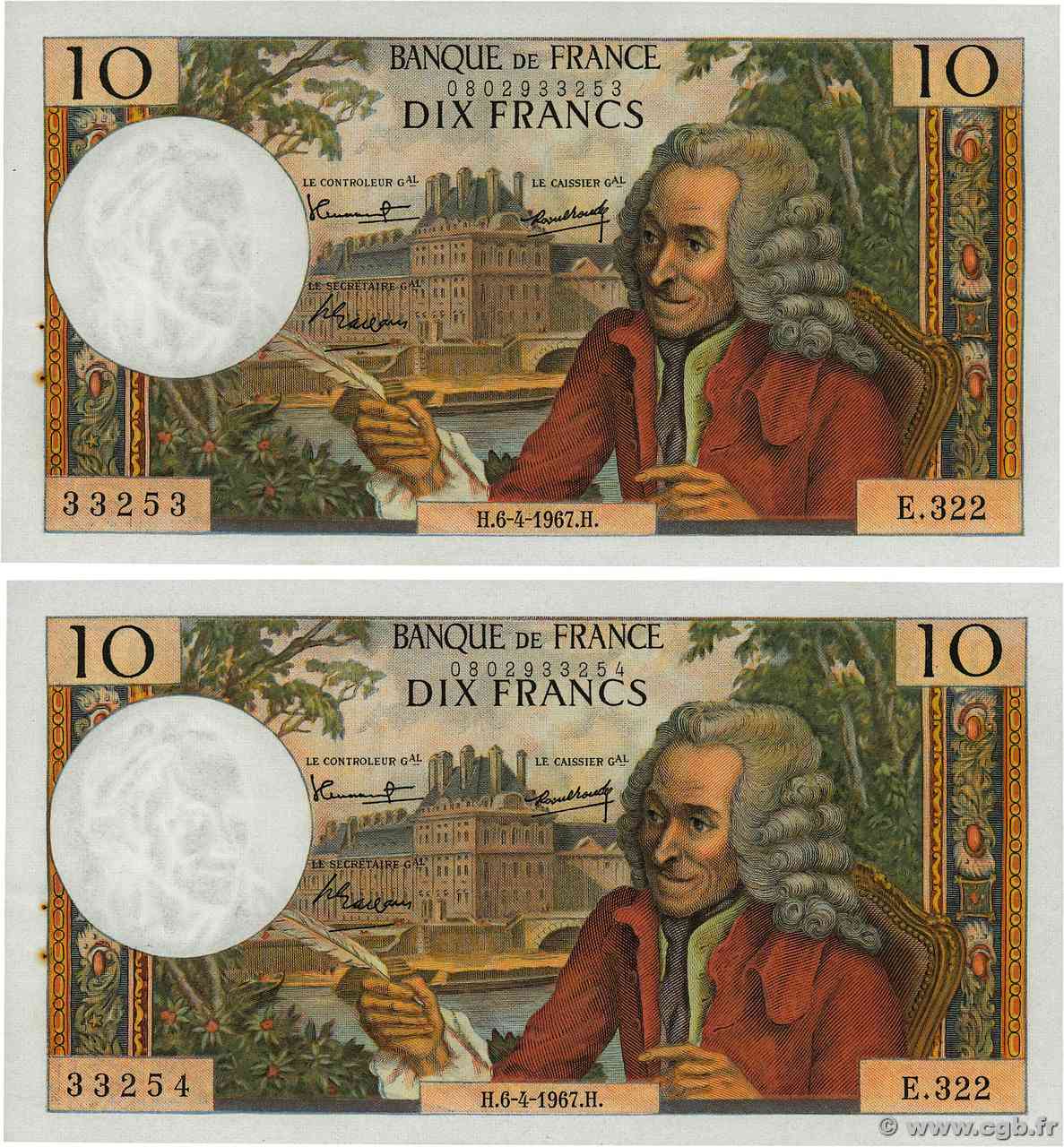 10 Francs VOLTAIRE Consécutifs FRANCE  1967 F.62.26 SUP+
