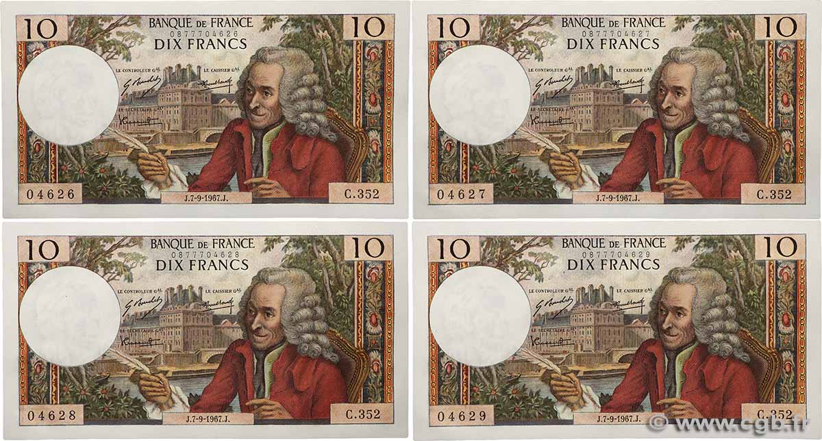 10 Francs VOLTAIRE Consécutifs FRANCE  1967 F.62.28 NEUF