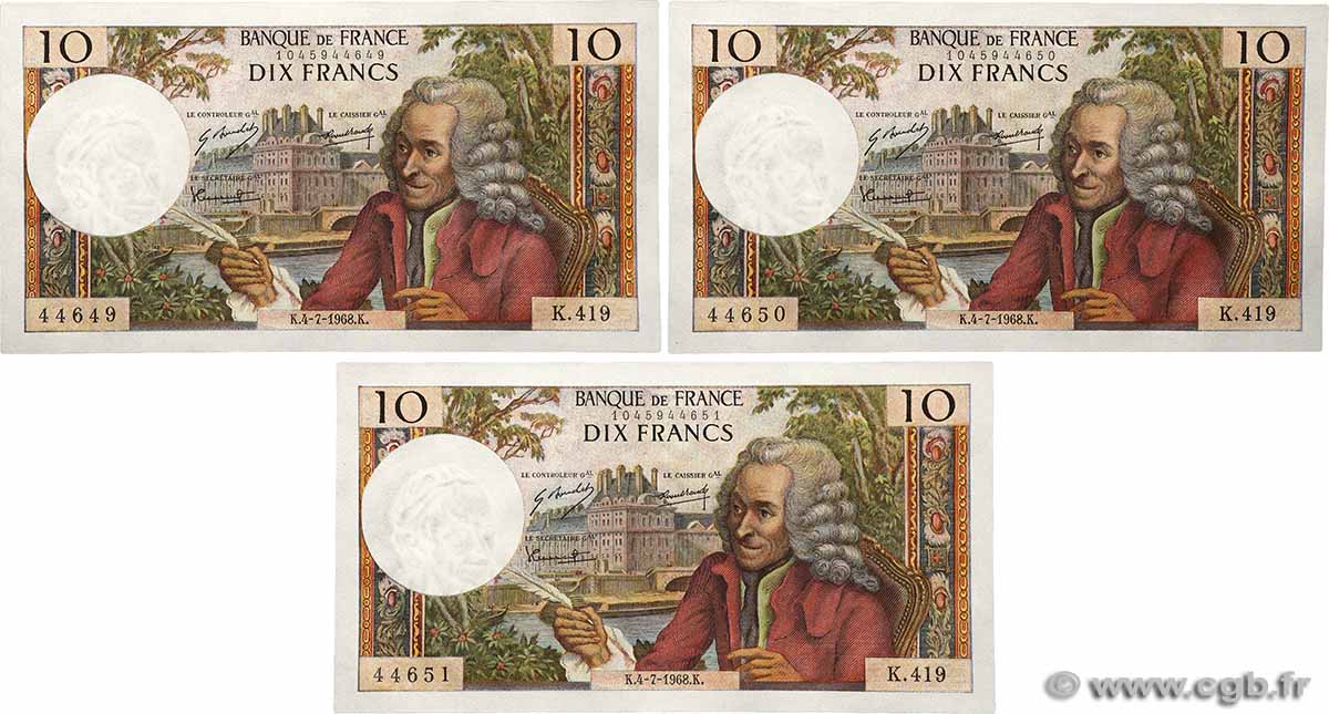 10 Francs VOLTAIRE Consécutifs FRANCE  1968 F.62.33 UNC-