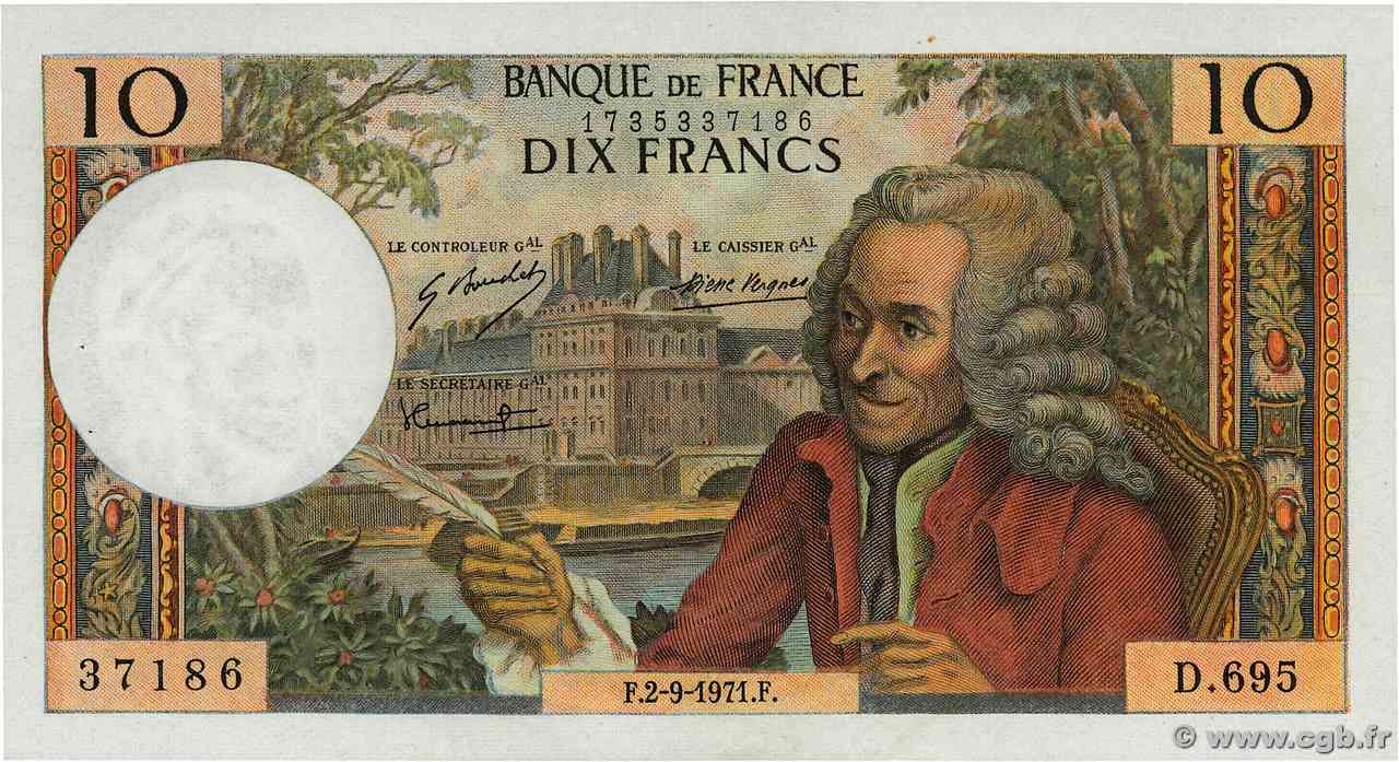 10 Francs VOLTAIRE FRANCIA  1971 F.62.51 AU