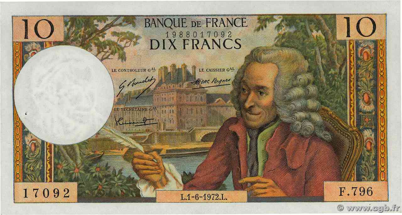 10 Francs VOLTAIRE FRANCIA  1972 F.62.57 AU