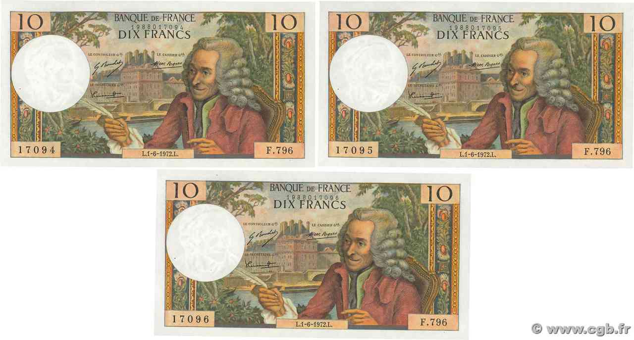 10 Francs VOLTAIRE Consécutifs FRANCIA  1972 F.62.57 AU