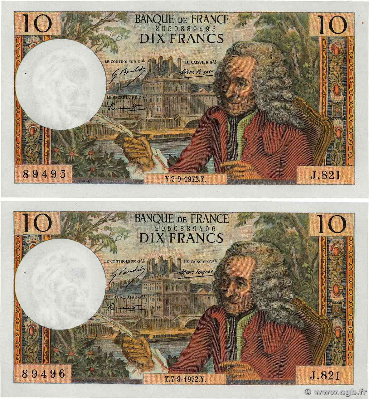 10 Francs VOLTAIRE Consécutifs FRANCIA  1972 F.62.58 AU