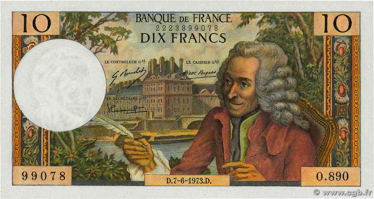 10 Francs VOLTAIRE FRANCIA  1973 F.62.62 FDC