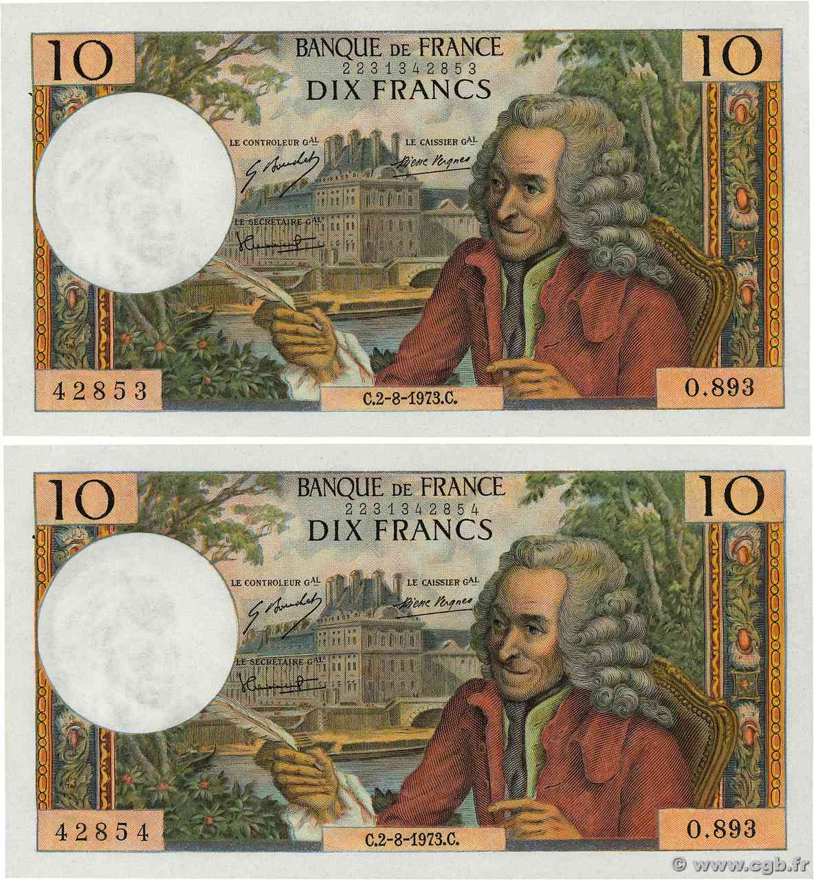 10 Francs VOLTAIRE Consécutifs FRANCE  1973 F.62.63 SPL