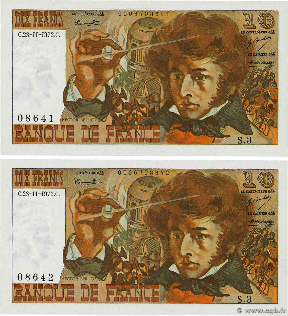 10 Francs BERLIOZ Consécutifs FRANCE  1972 F.63.01 UNC-