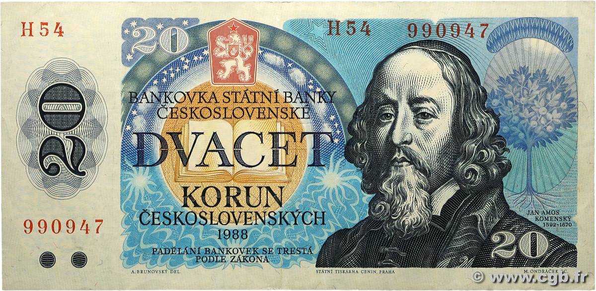 20 Korun TCHÉCOSLOVAQUIE  1988 P.095a TTB+