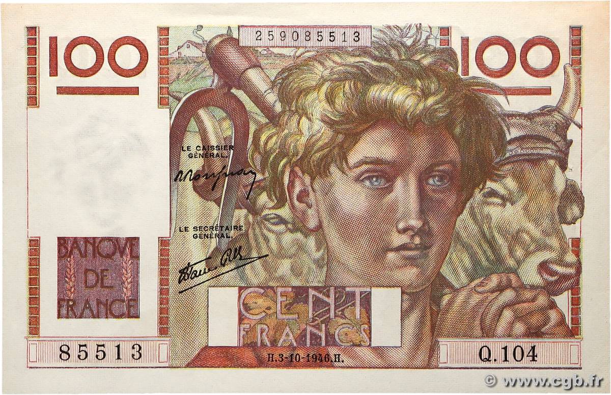 100 Francs JEUNE PAYSAN FRANCE  1946 F.28.09 SPL+