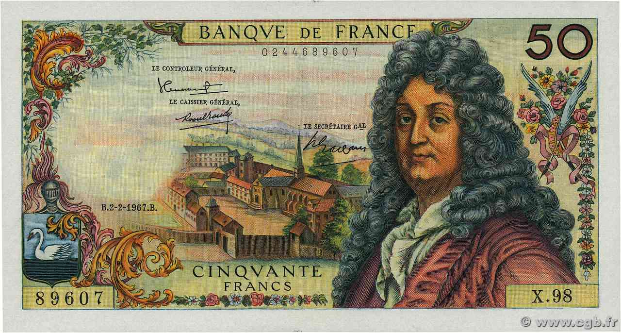 50 Francs RACINE FRANCIA  1967 F.64.09 q.FDC